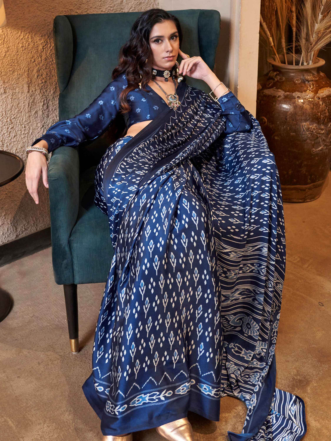 Wonderful Royal Blue Digital Printed Satin Function Wear Saree - Zeel Clothing