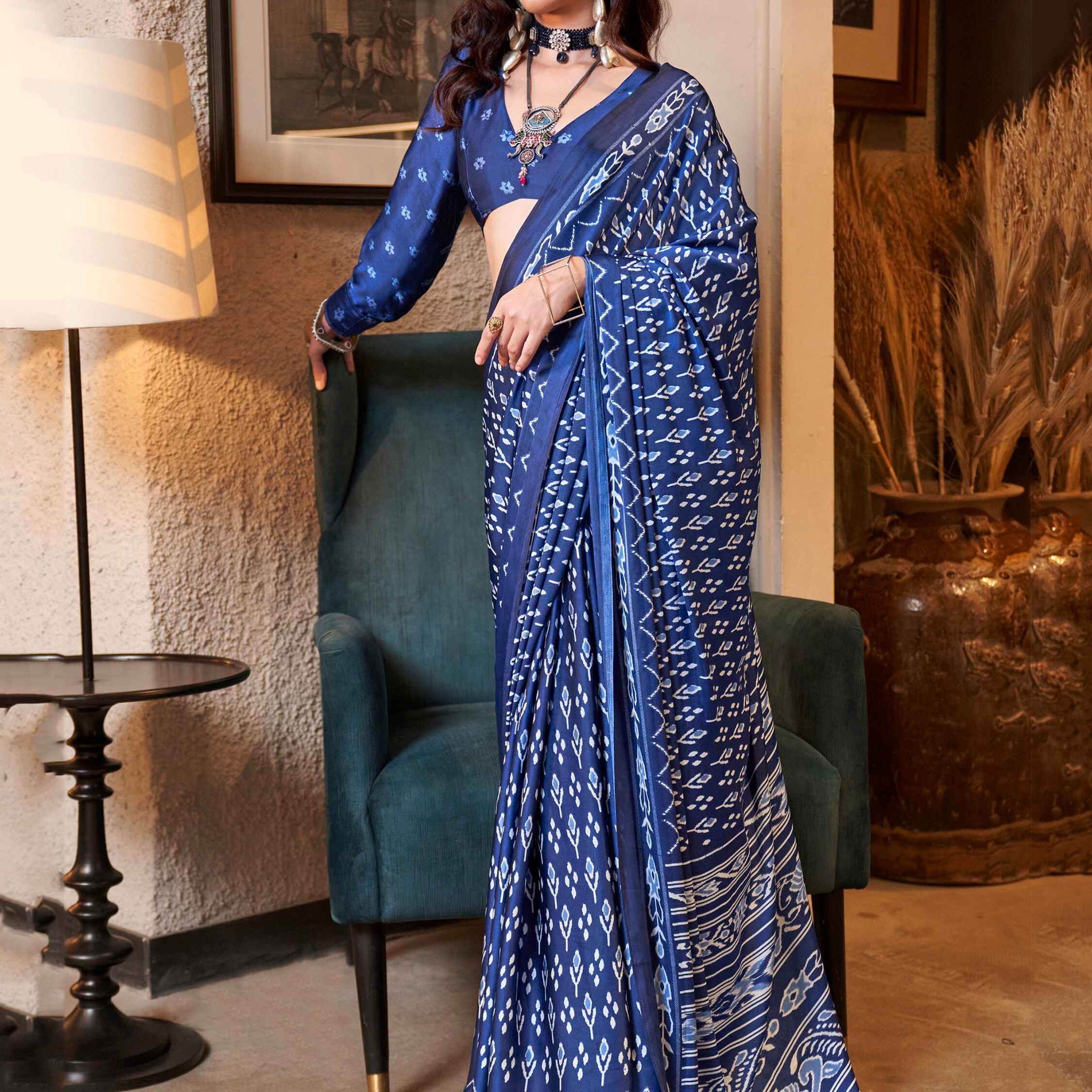 Wonderful Royal Blue Digital Printed Satin Function Wear Saree - Zeel Clothing