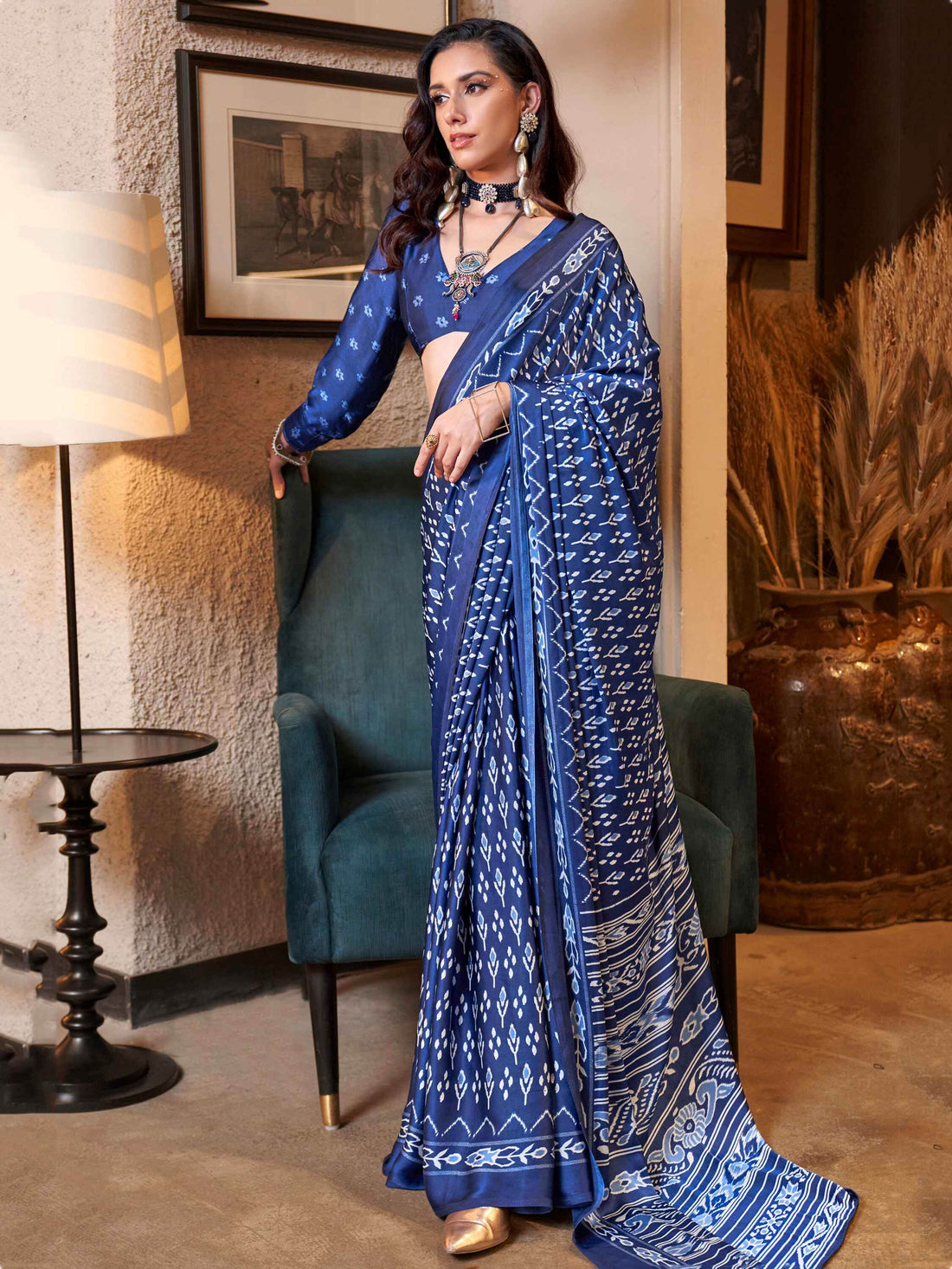 Wonderful Royal Blue Digital Printed Satin Function Wear Saree - Zeel Clothing