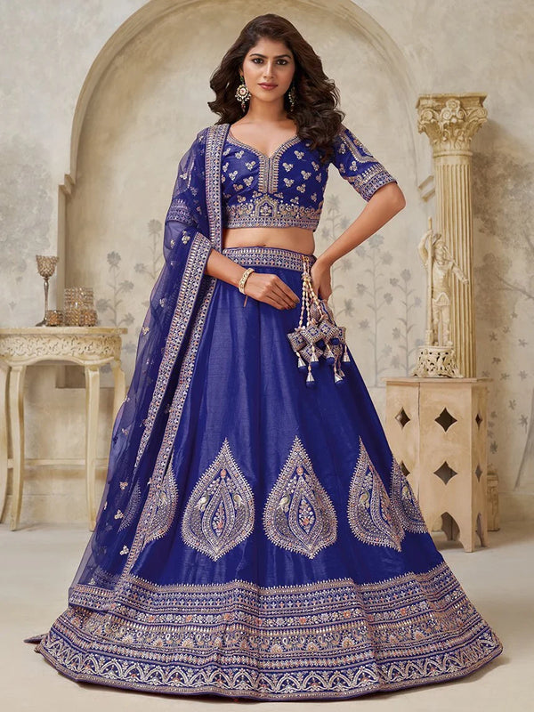 Wonderful Royal Blue Embroidered Silk Traditional Lehenga With Blouse