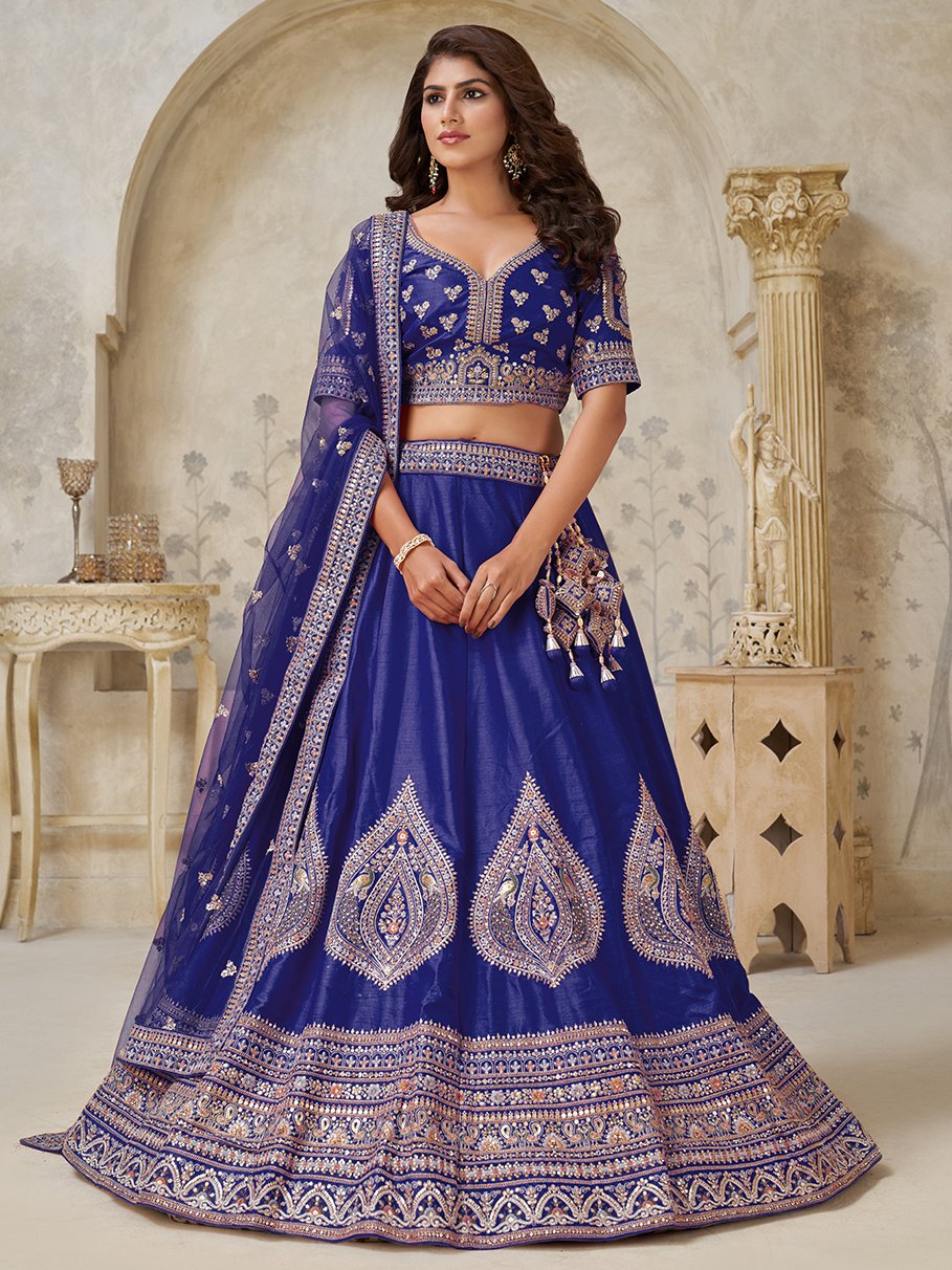 Wonderful Royal Blue Embroidered Silk Traditional Lehenga With Blouse