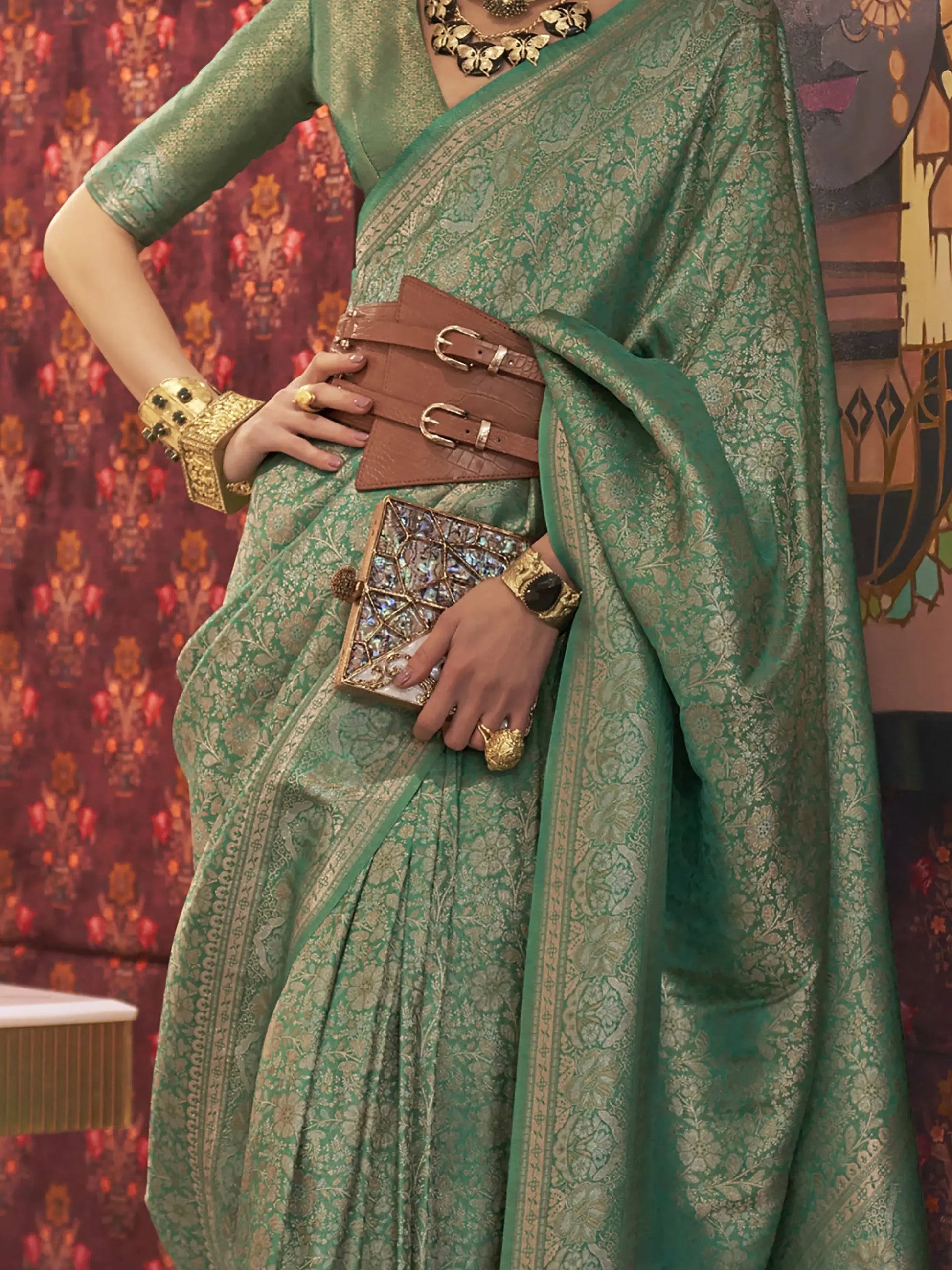 Wonderful Sea Green Woven Silk Festival Wear Saree With Blouse - Zeel Clothing
