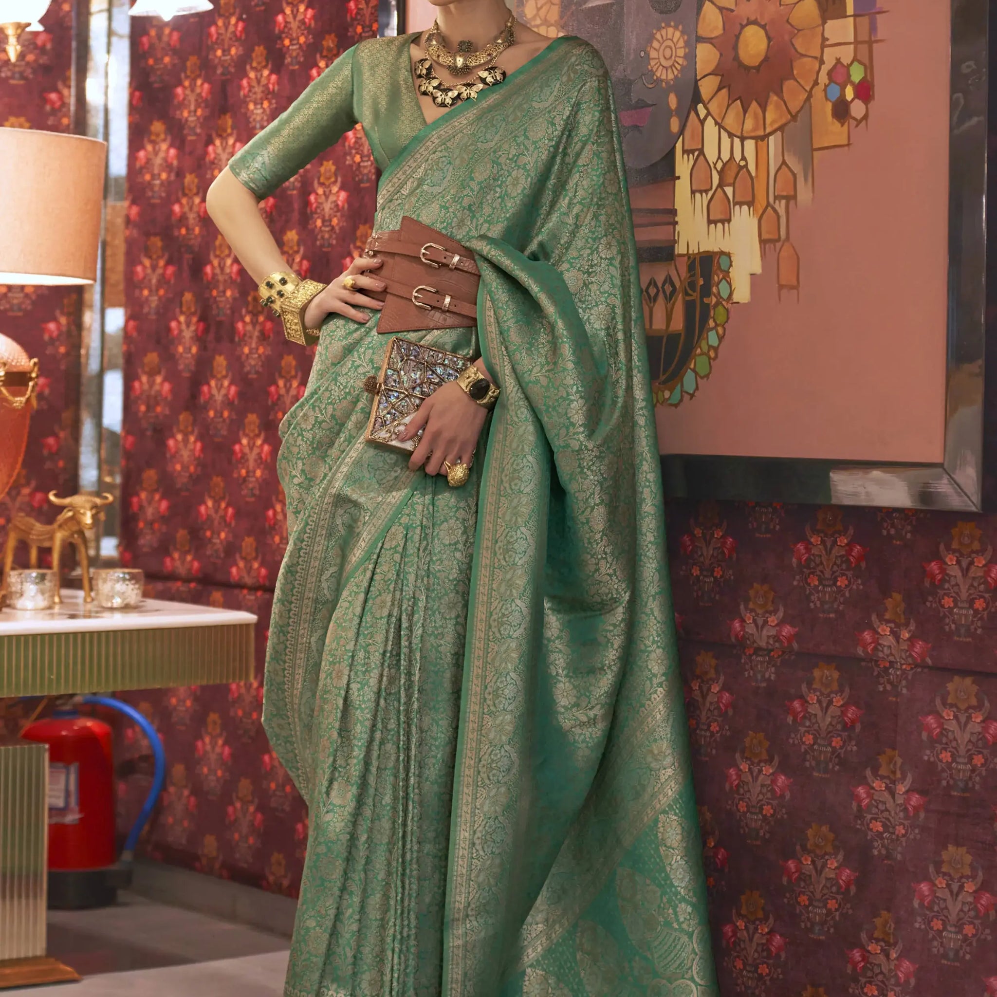 Wonderful Sea Green Woven Silk Festival Wear Saree With Blouse - Zeel Clothing