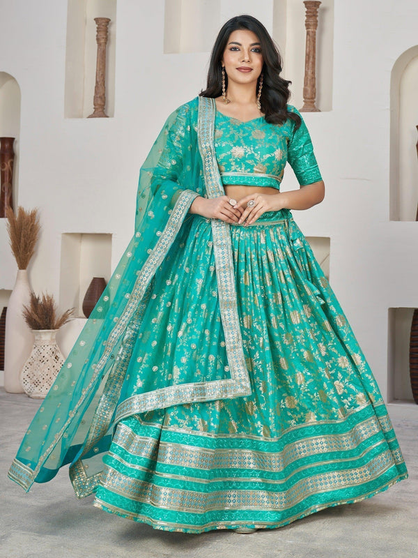 Wonderful Sea Green Zari Work Jacquard Sangeet Wear Lehenga Choli