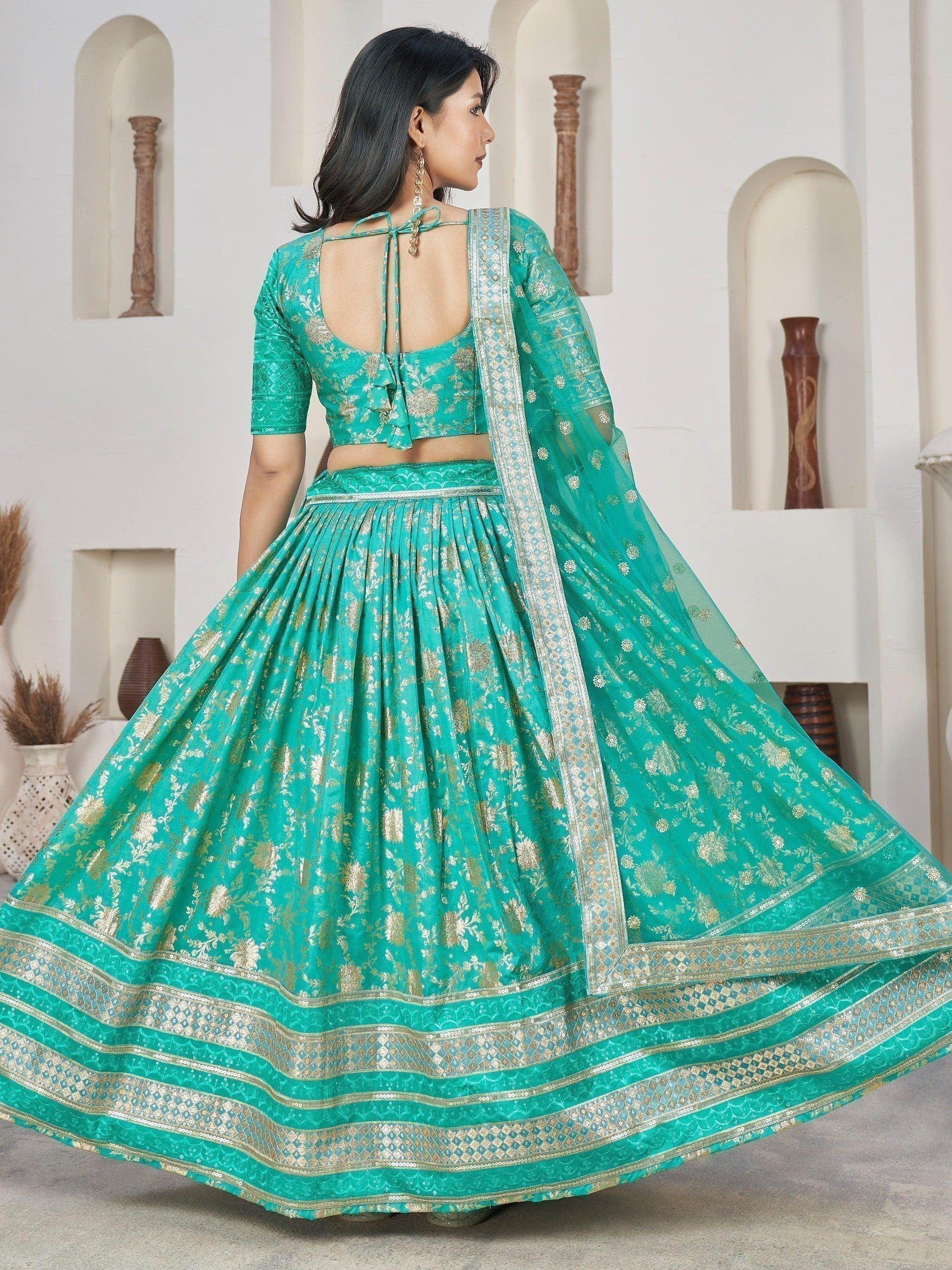 Wonderful Sea Green Zari Work Jacquard Sangeet Wear Lehenga Choli - Zeel Clothing