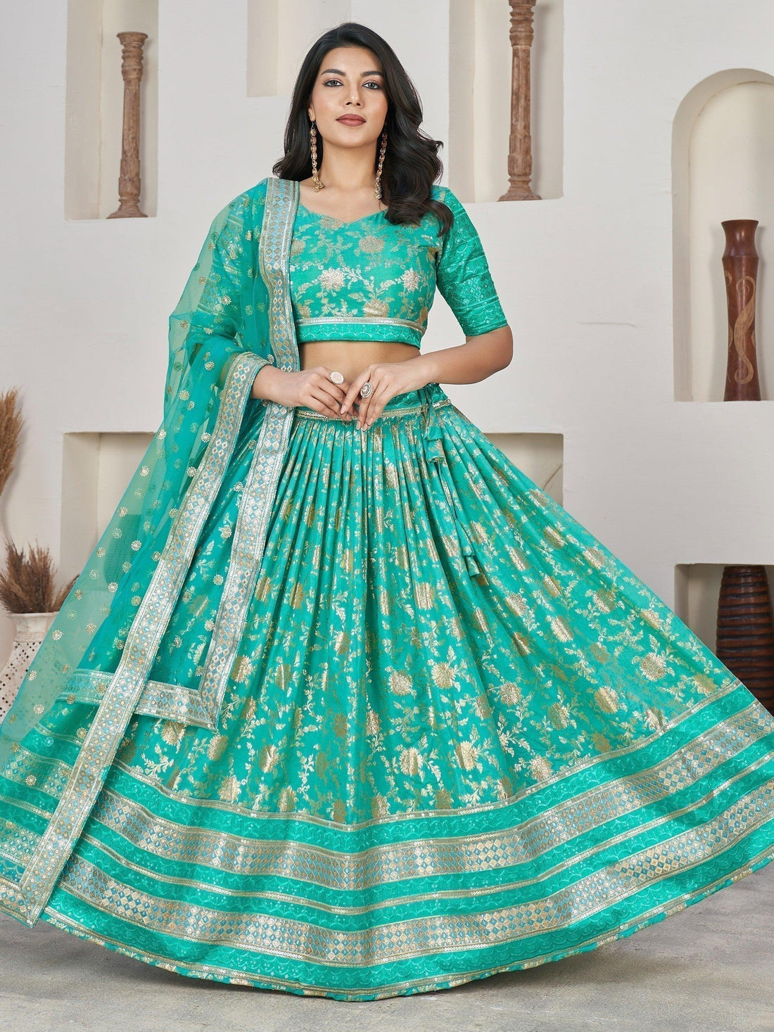 Wonderful Sea Green Zari Work Jacquard Sangeet Wear Lehenga Choli