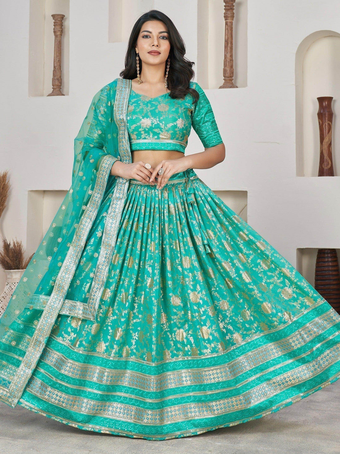 Wonderful Sea Green Zari Work Jacquard Sangeet Wear Lehenga Choli - Zeel Clothing