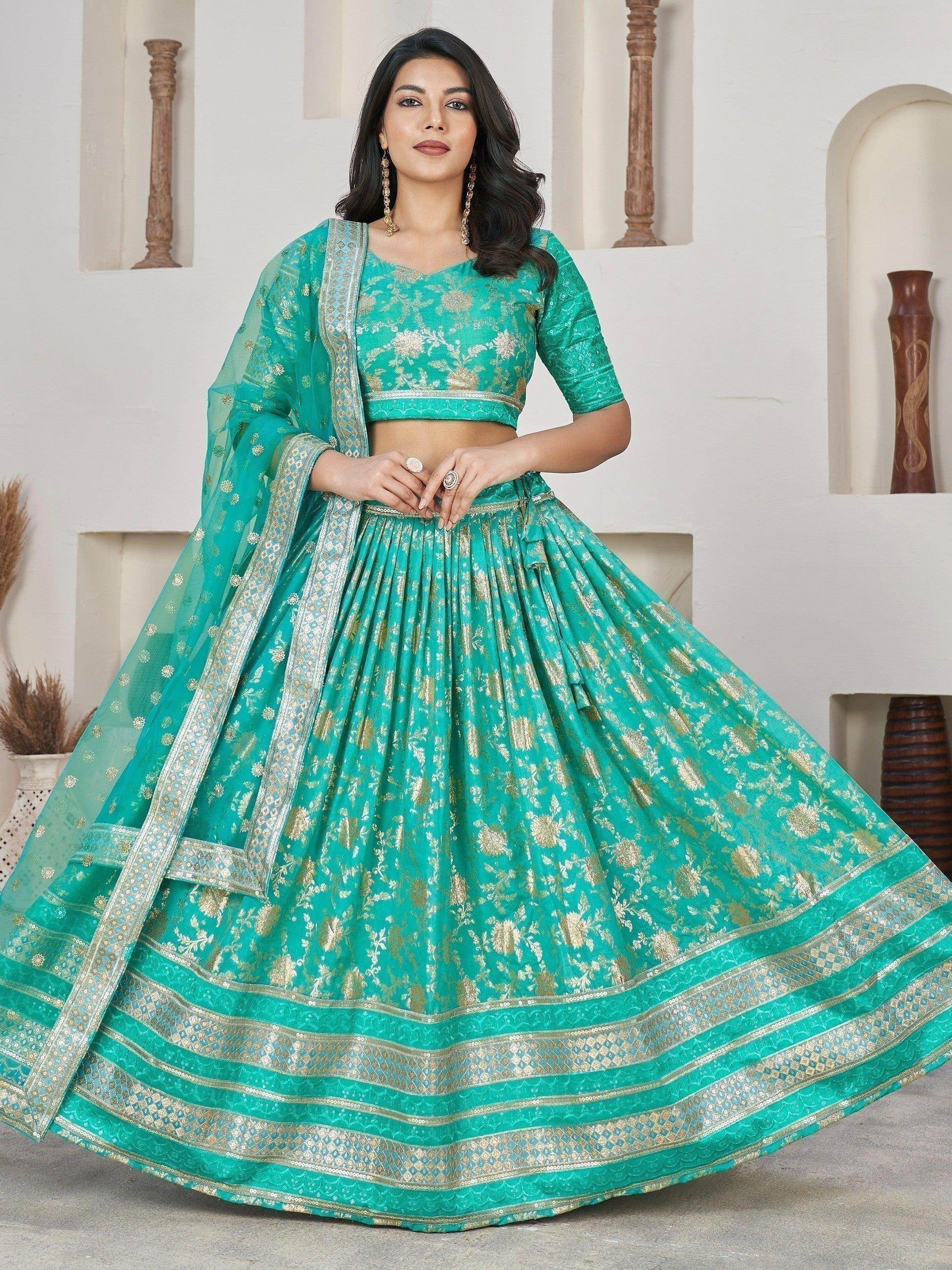 Wonderful Sea Green Zari Work Jacquard Sangeet Wear Lehenga Choli - Zeel Clothing