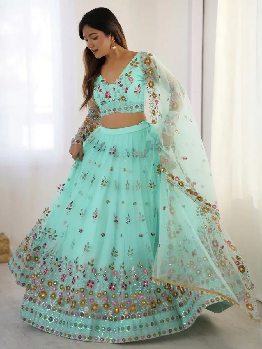 Wonderful Sky Blue Floral Embroidered Net Function Wear Lehenga Choli - Zeel Clothing