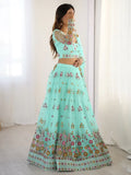Wonderful Sky Blue Floral Embroidered Net Function Wear Lehenga Choli - Zeel Clothing
