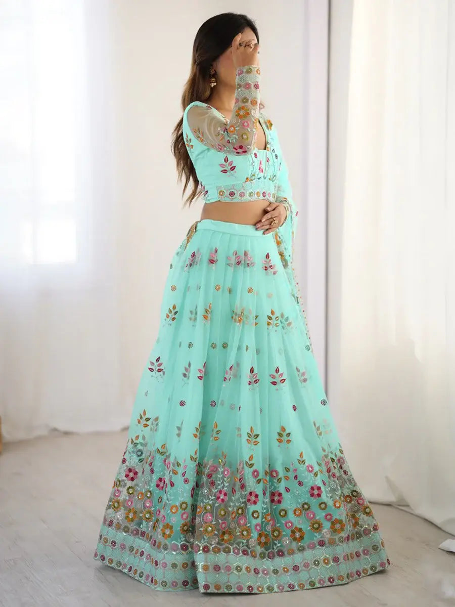 Wonderful Sky Blue Floral Embroidered Net Function Wear Lehenga Choli - Zeel Clothing