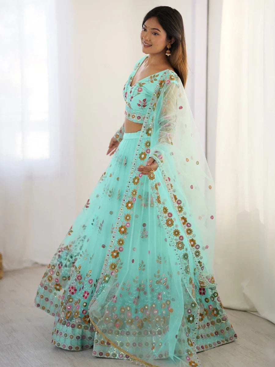 Wonderful Sky Blue Floral Embroidered Net Function Wear Lehenga Choli - Zeel Clothing