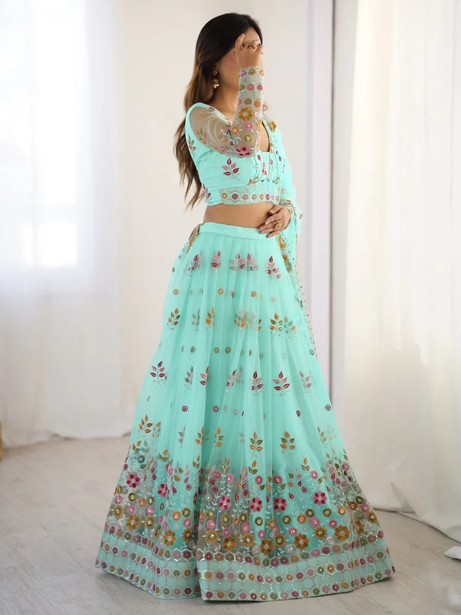Wonderful Sky Blue Floral Embroidered Net Function Wear Lehenga Choli - Zeel Clothing