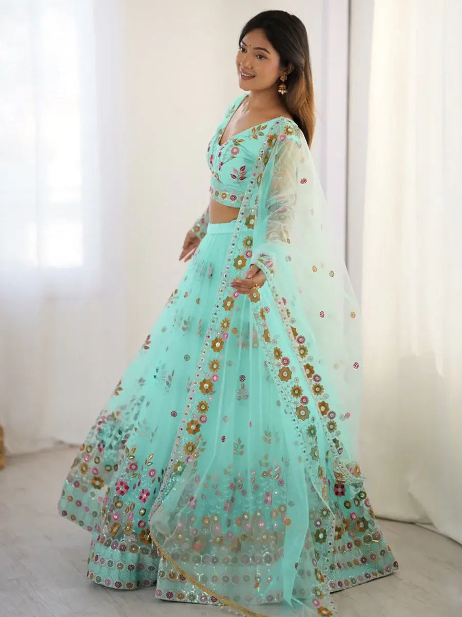 Wonderful Sky Blue Floral Embroidered Net Function Wear Lehenga Choli - Zeel Clothing