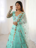 Wonderful Sky Blue Floral Embroidered Net Function Wear Lehenga Choli - Zeel Clothing
