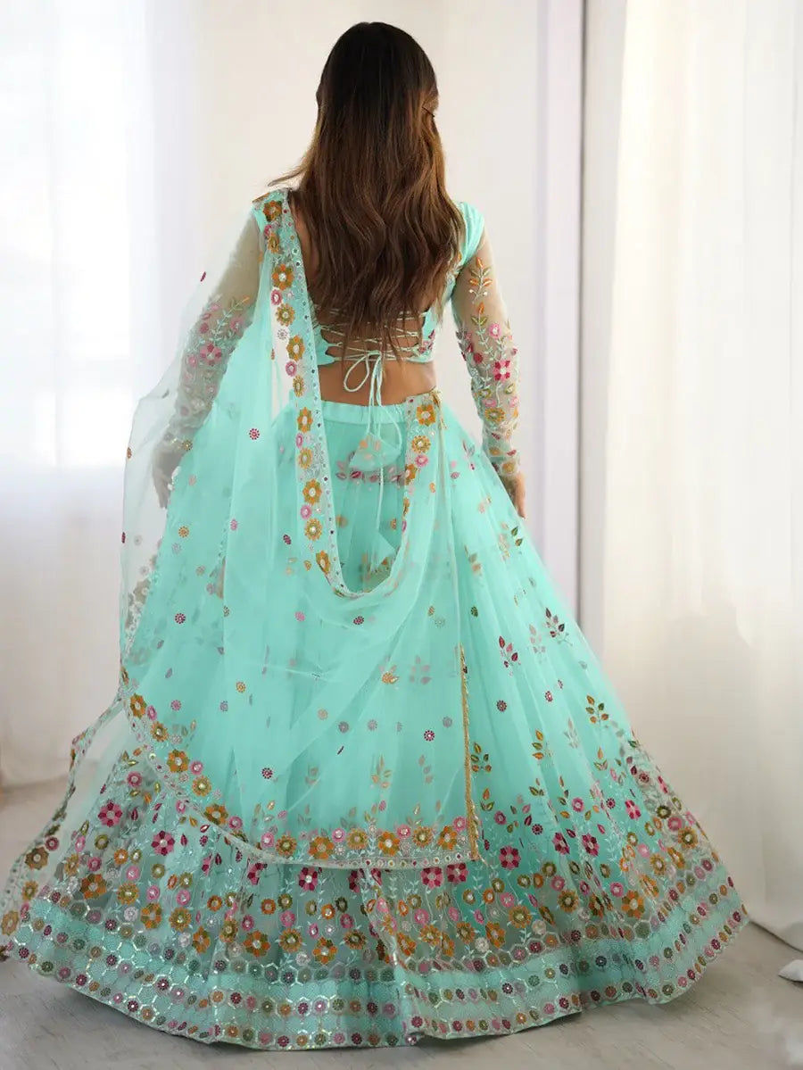 Wonderful Sky Blue Floral Embroidered Net Function Wear Lehenga Choli - Zeel Clothing