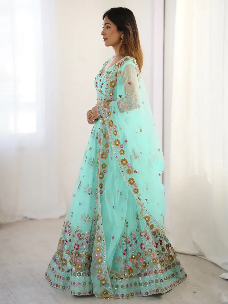 Wonderful Sky Blue Floral Embroidered Net Function Wear Lehenga Choli - Zeel Clothing