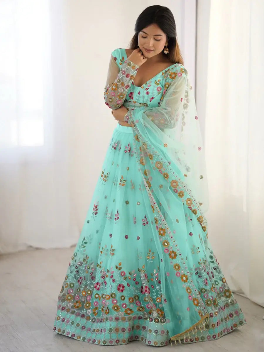 Wonderful Sky Blue Floral Embroidered Net Function Wear Lehenga Choli - Zeel Clothing