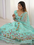Wonderful Sky Blue Floral Embroidered Net Function Wear Lehenga Choli - Zeel Clothing