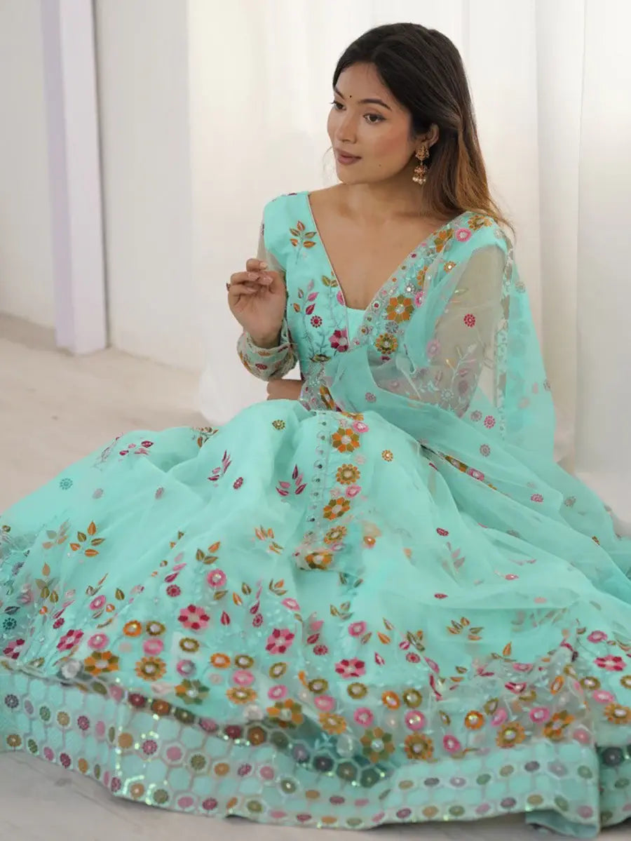 Wonderful Sky Blue Floral Embroidered Net Function Wear Lehenga Choli - Zeel Clothing
