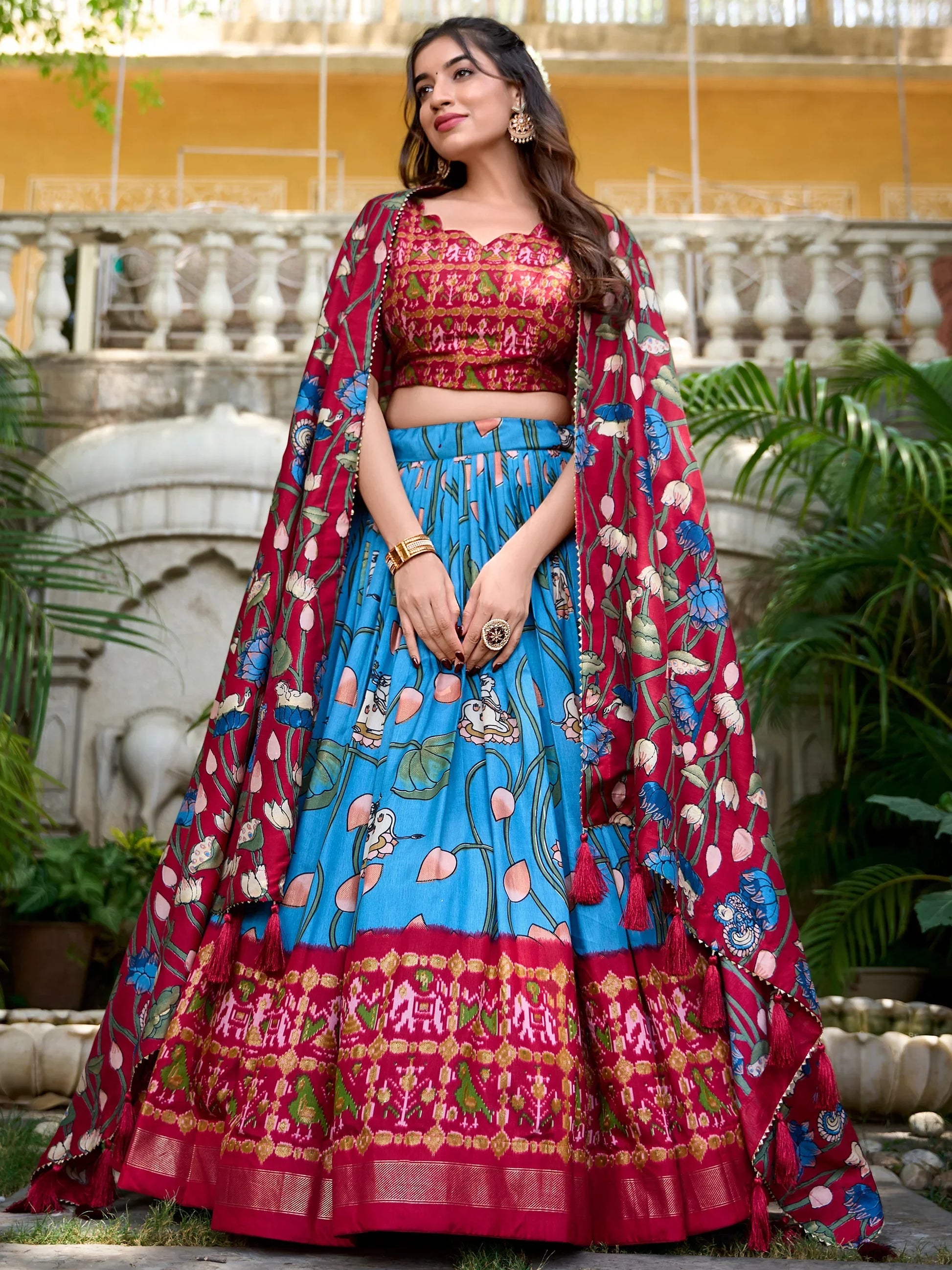 Wonderful Sky-Blue Patola Printed Silk Festival Wear Lehenga Choli - Zeel Clothing