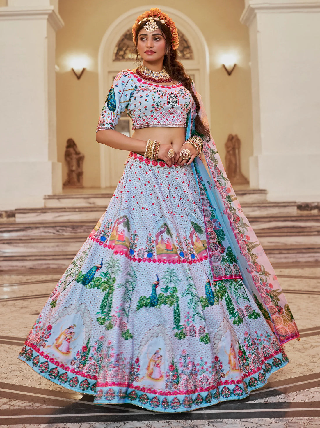 Wonderful Sky-Blue Printed Art Silk Traditional Lehenga Choli - Zeel Clothing