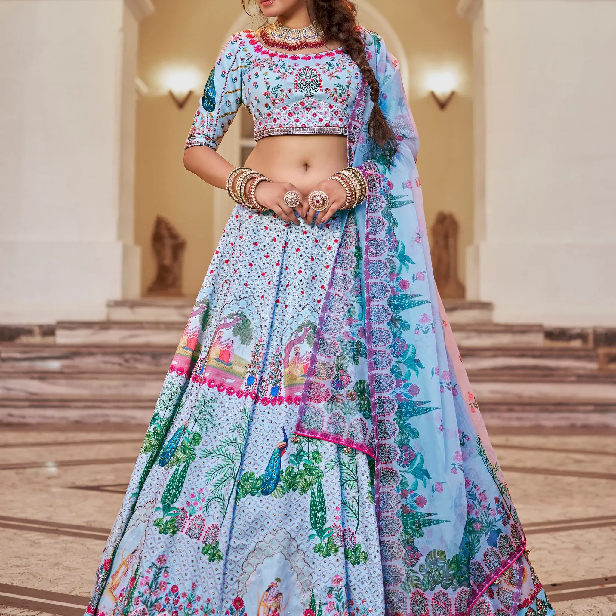 Wonderful Sky-Blue Printed Art Silk Traditional Lehenga Choli - Zeel Clothing