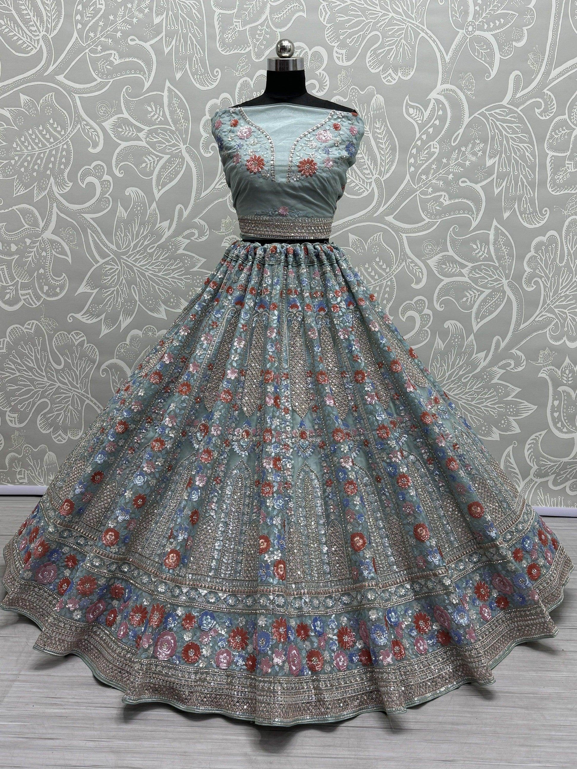 Wonderful Sky-Blue Sequins Net Bridesmaid Lehenga Choli With Dupatta - Zeel Clothing