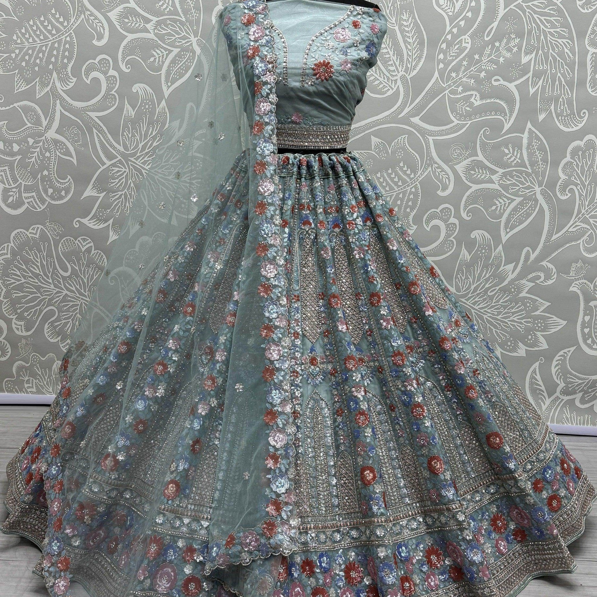 Wonderful Sky-Blue Sequins Net Bridesmaid Lehenga Choli With Dupatta - Zeel Clothing