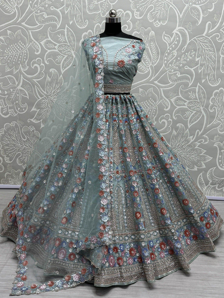 Wonderful Sky-Blue Sequins Net Bridesmaid Lehenga Choli With Dupatta - Zeel Clothing