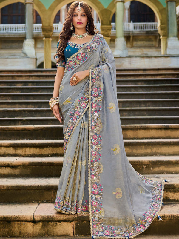 Wonderful Soft Grey Stone Work Tissue Anniversary Wear Saree