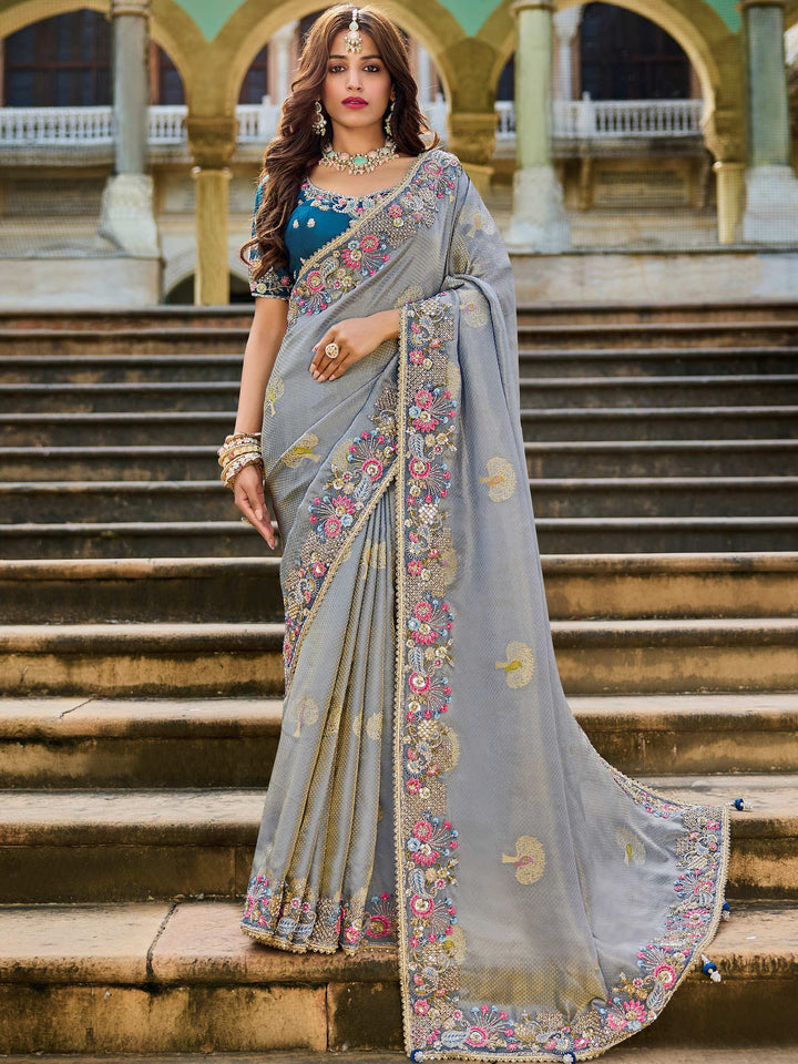 Wonderful Soft Grey Stone Work Tissue Anniversary Wear Saree