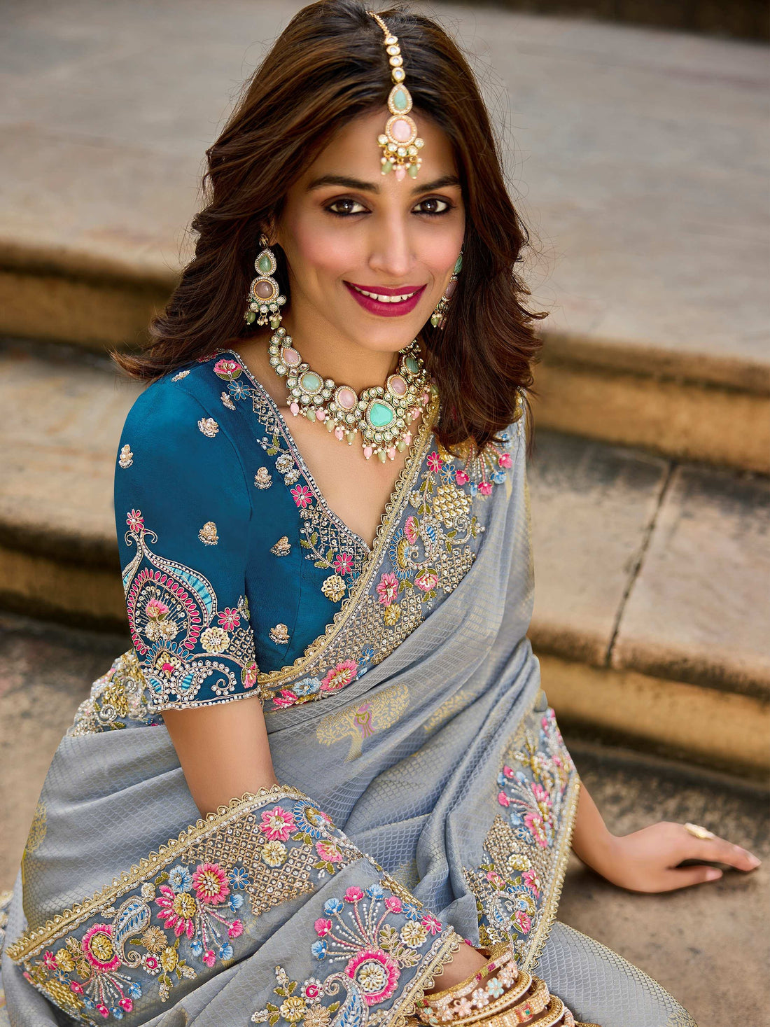 Wonderful Soft Grey Stone Work Tissue Anniversary Wear Saree