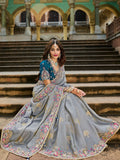 Wonderful Soft Grey Stone Work Tissue Anniversary Wear Saree