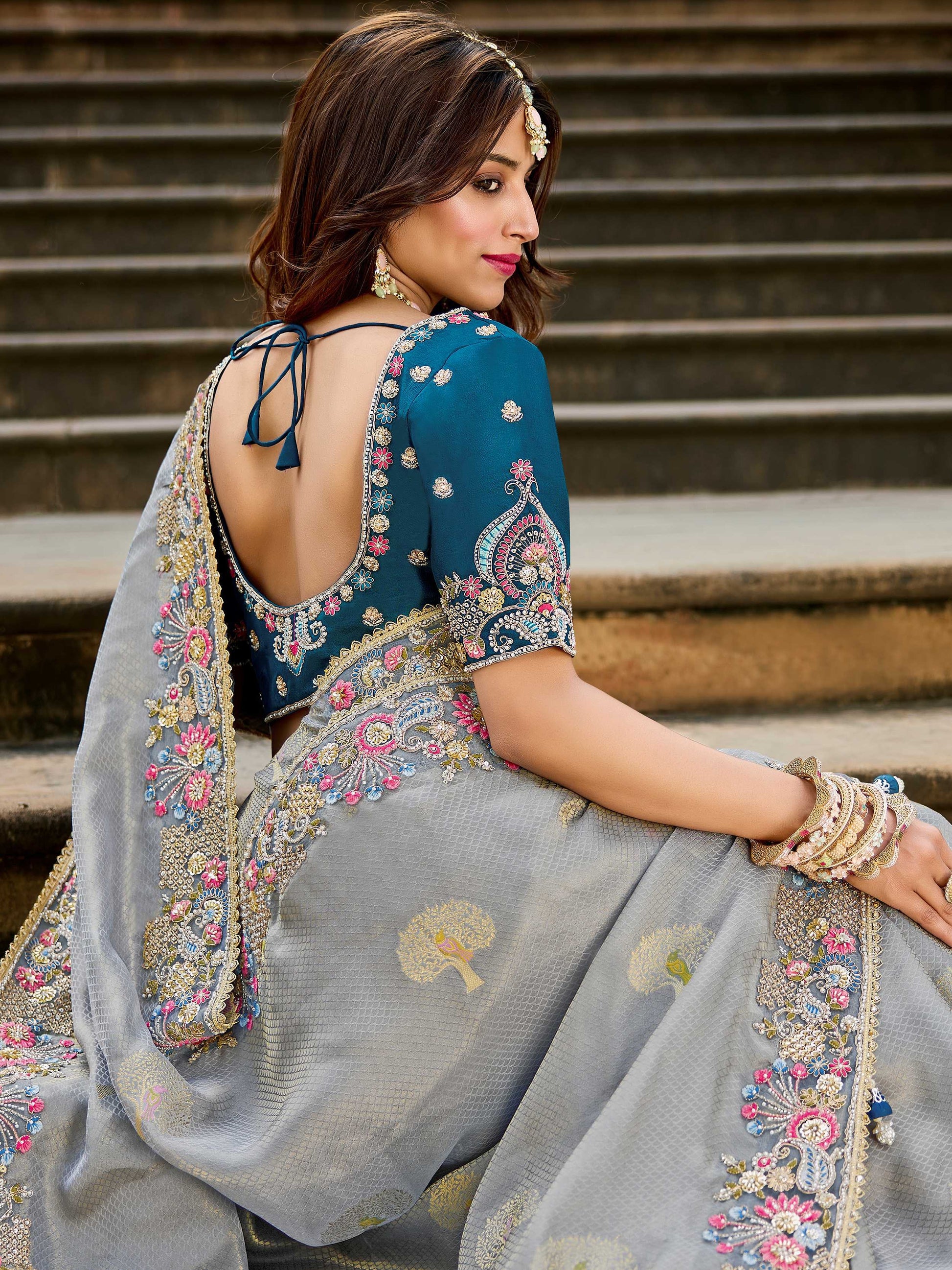 Wonderful Soft Grey Stone Work Tissue Anniversary Wear Saree