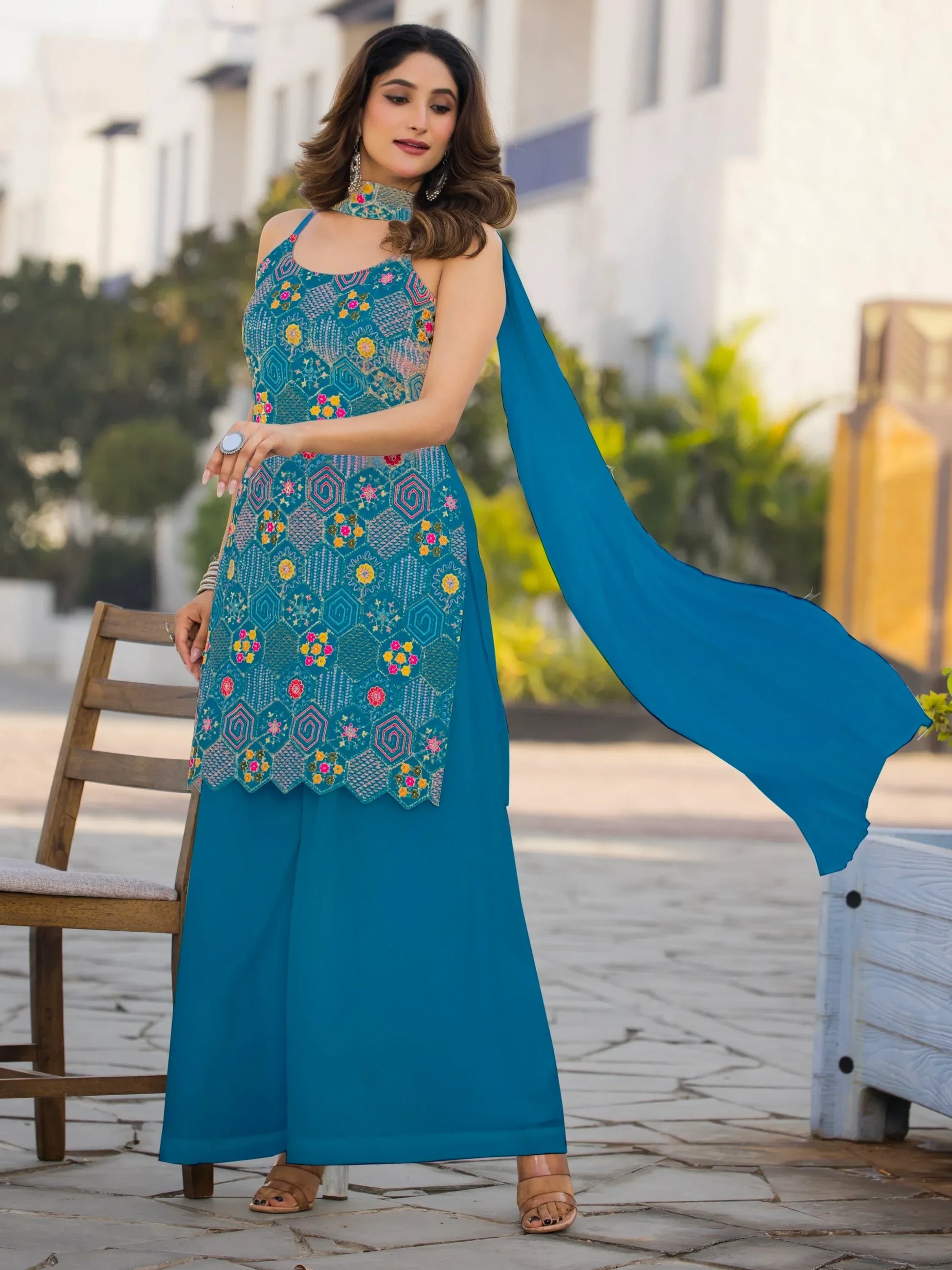 Wonderful Teal Blue Floral Embroidered Chinon Palazzo Suit With Dupatta - Zeel Clothing