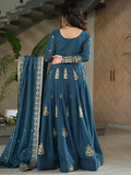 Wonderful Teal Blue Sequins Chinon Event Wear Gown With Dupatta - Zeel Clothing