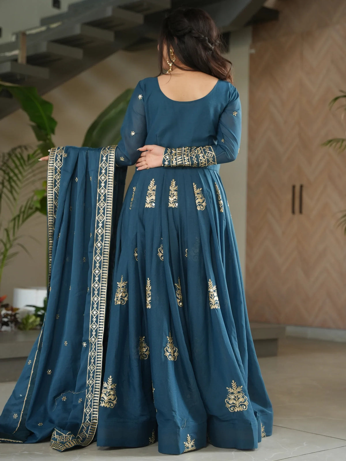 Wonderful Teal Blue Sequins Chinon Event Wear Gown With Dupatta - Zeel Clothing