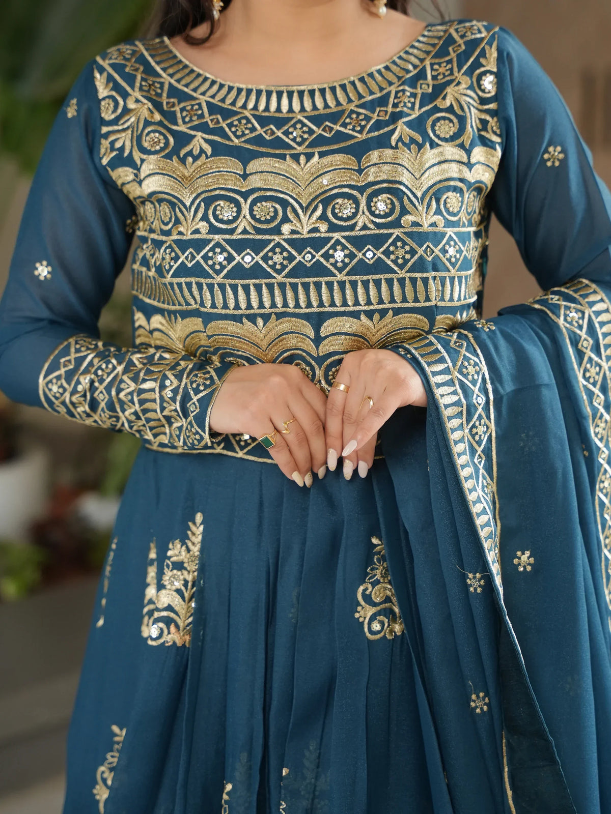 Wonderful Teal Blue Sequins Chinon Event Wear Gown With Dupatta - Zeel Clothing