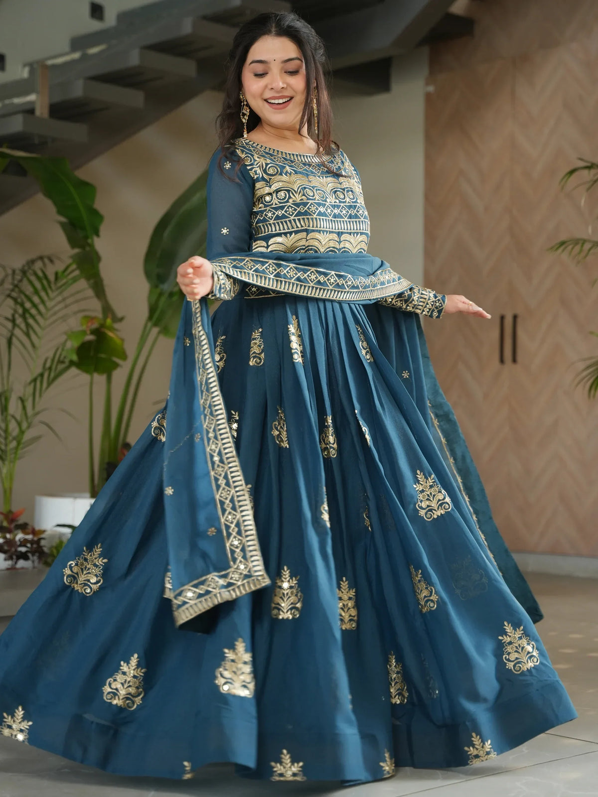 Wonderful Teal Blue Sequins Chinon Event Wear Gown With Dupatta - Zeel Clothing