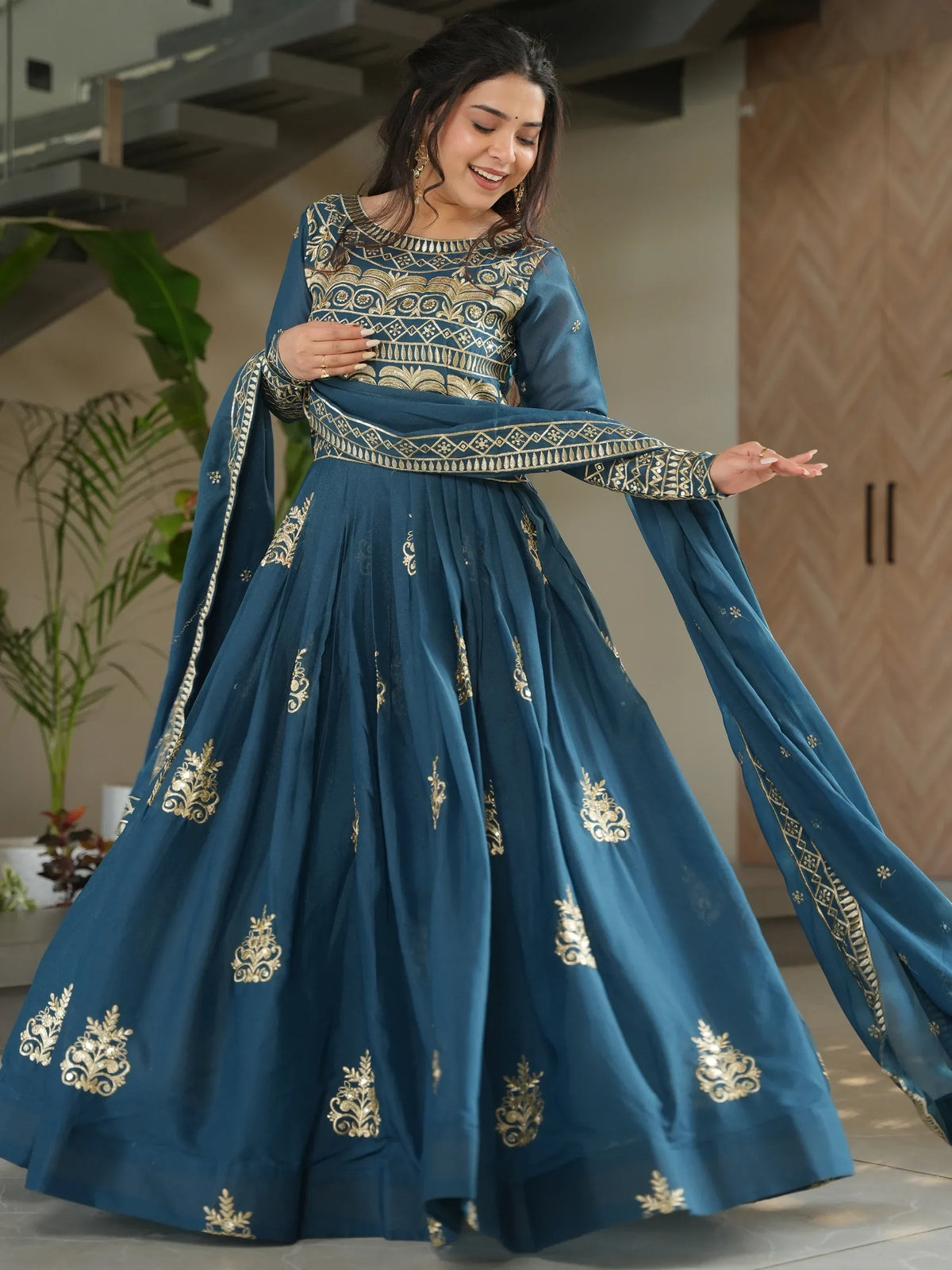 Wonderful Teal Blue Sequins Chinon Event Wear Gown With Dupatta - Zeel Clothing