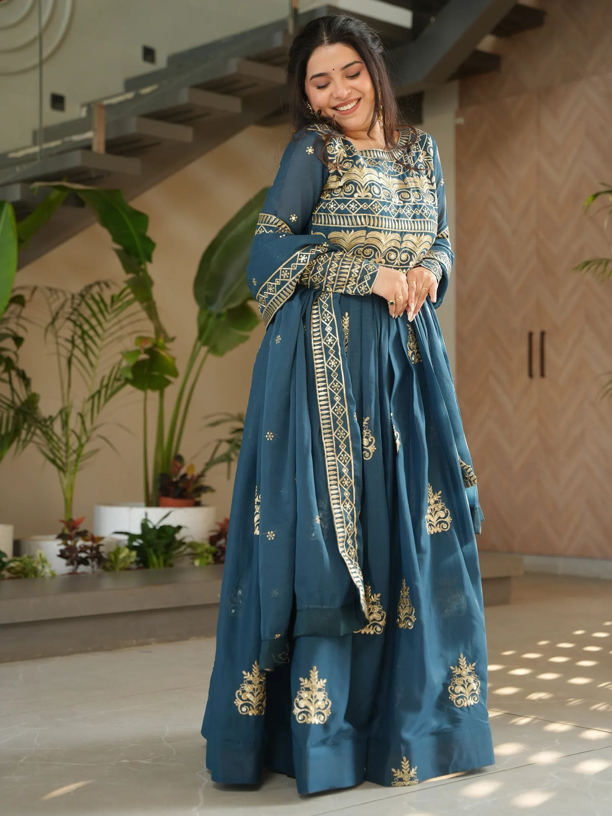 Wonderful Teal Blue Sequins Chinon Event Wear Gown With Dupatta - Zeel Clothing
