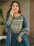 Wonderful Teal Blue Sequins Chinon Event Wear Gown With Dupatta - Zeel Clothing