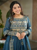 Wonderful Teal Blue Sequins Chinon Event Wear Gown With Dupatta - Zeel Clothing