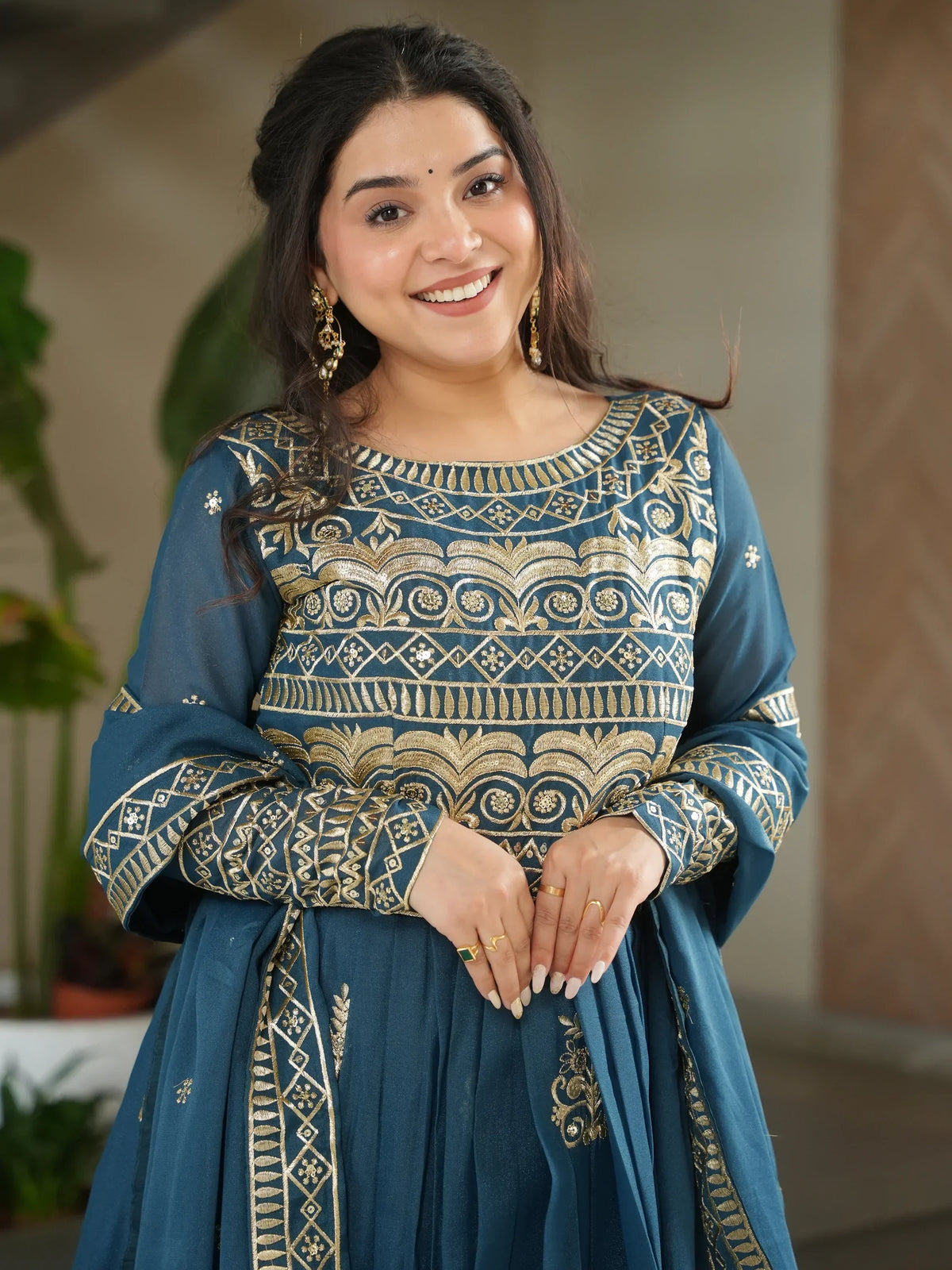 Wonderful Teal Blue Sequins Chinon Event Wear Gown With Dupatta - Zeel Clothing