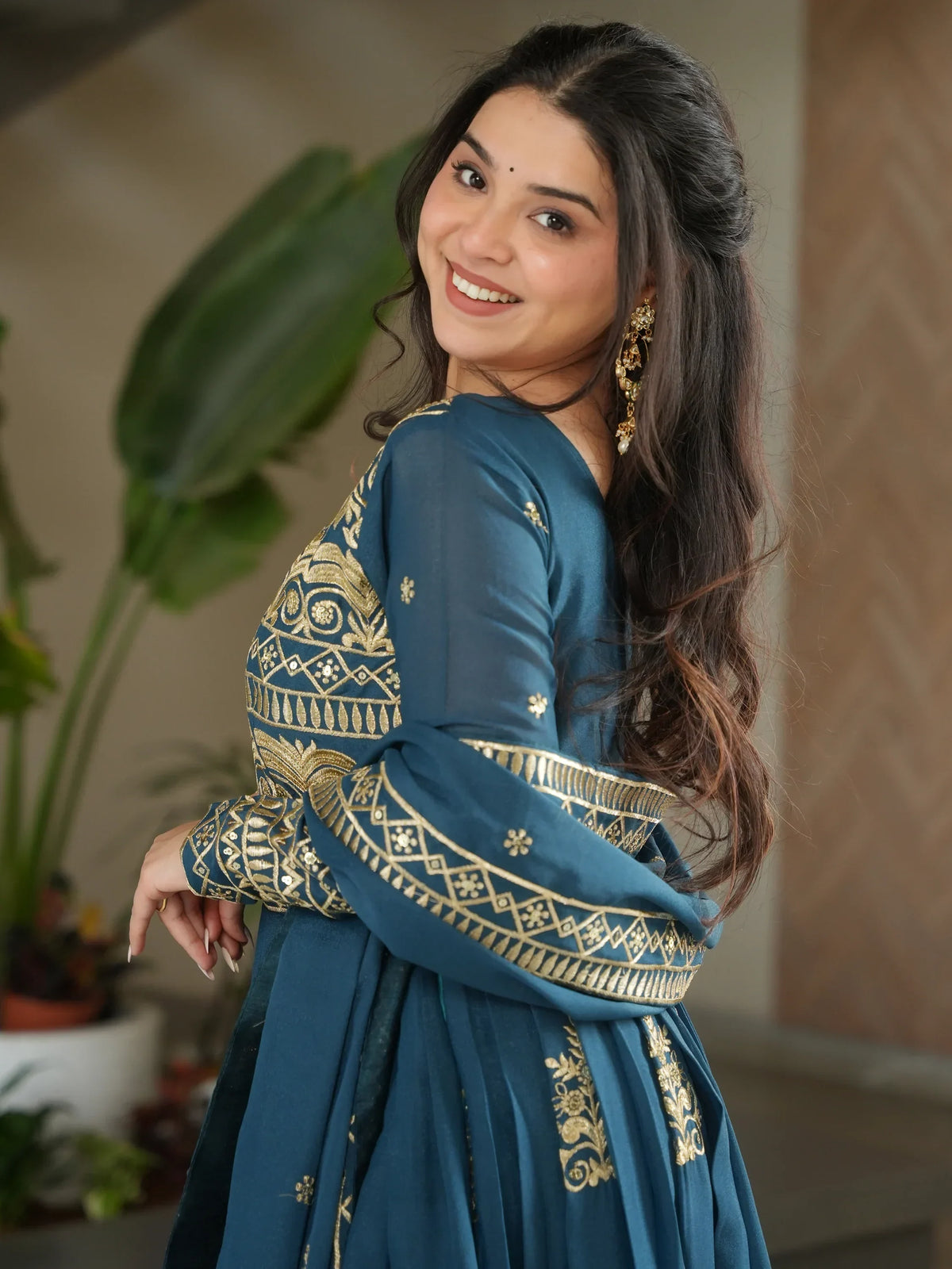 Wonderful Teal Blue Sequins Chinon Event Wear Gown With Dupatta - Zeel Clothing