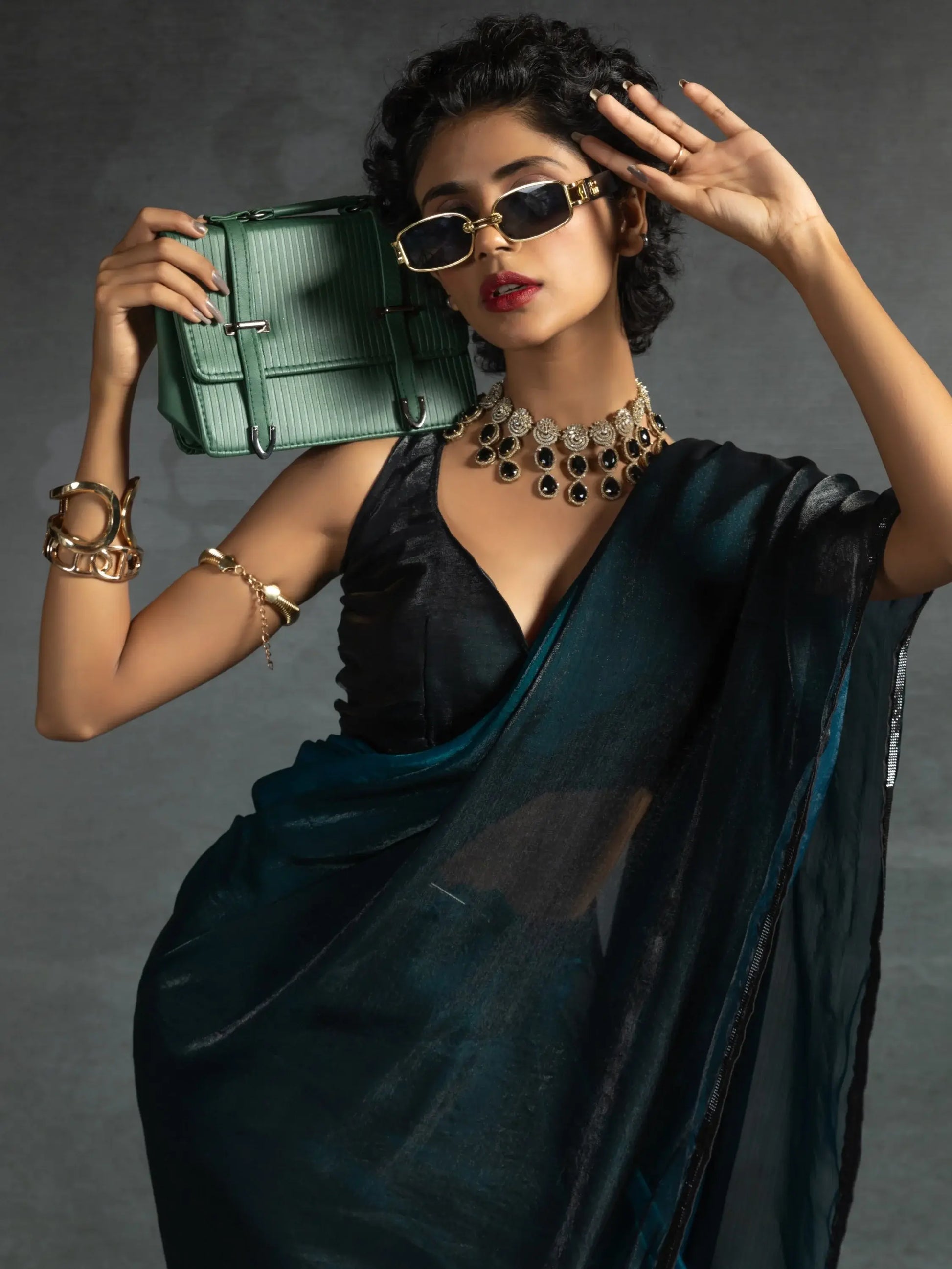 Wonderful Teal Blue Shaded Satin Pre-Stitched Saree With Blouse - Zeel Clothing