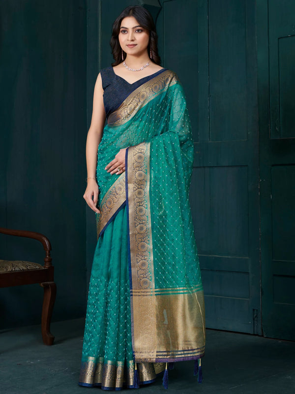 Wonderful Teal Green Bead Work Jacquard Festive Wear Saree With Blouse - Zeel Clothing