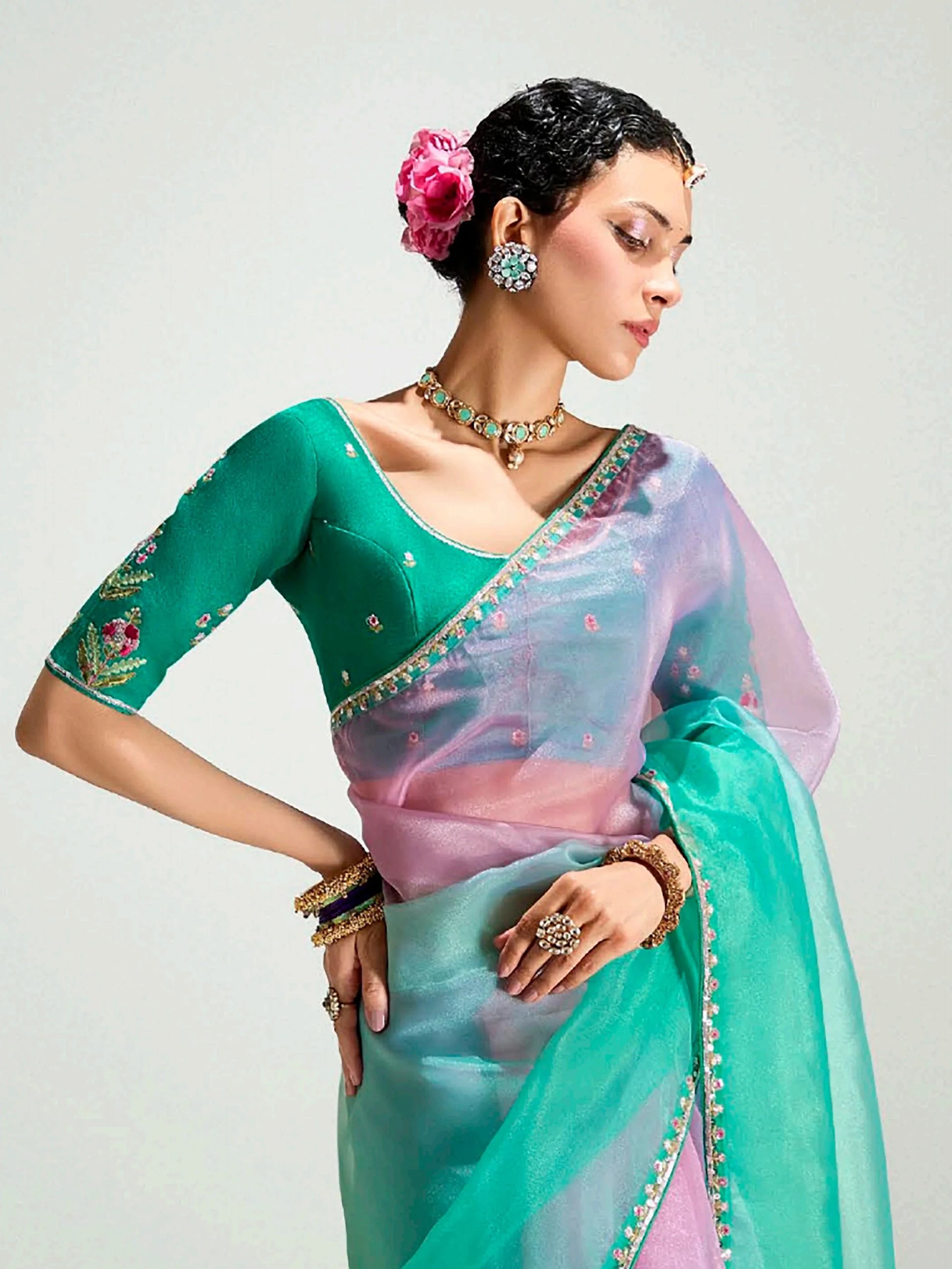 Wonderful Teal Green Border Work Organza Festive Wear Saree With Blouse - Zeel Clothing