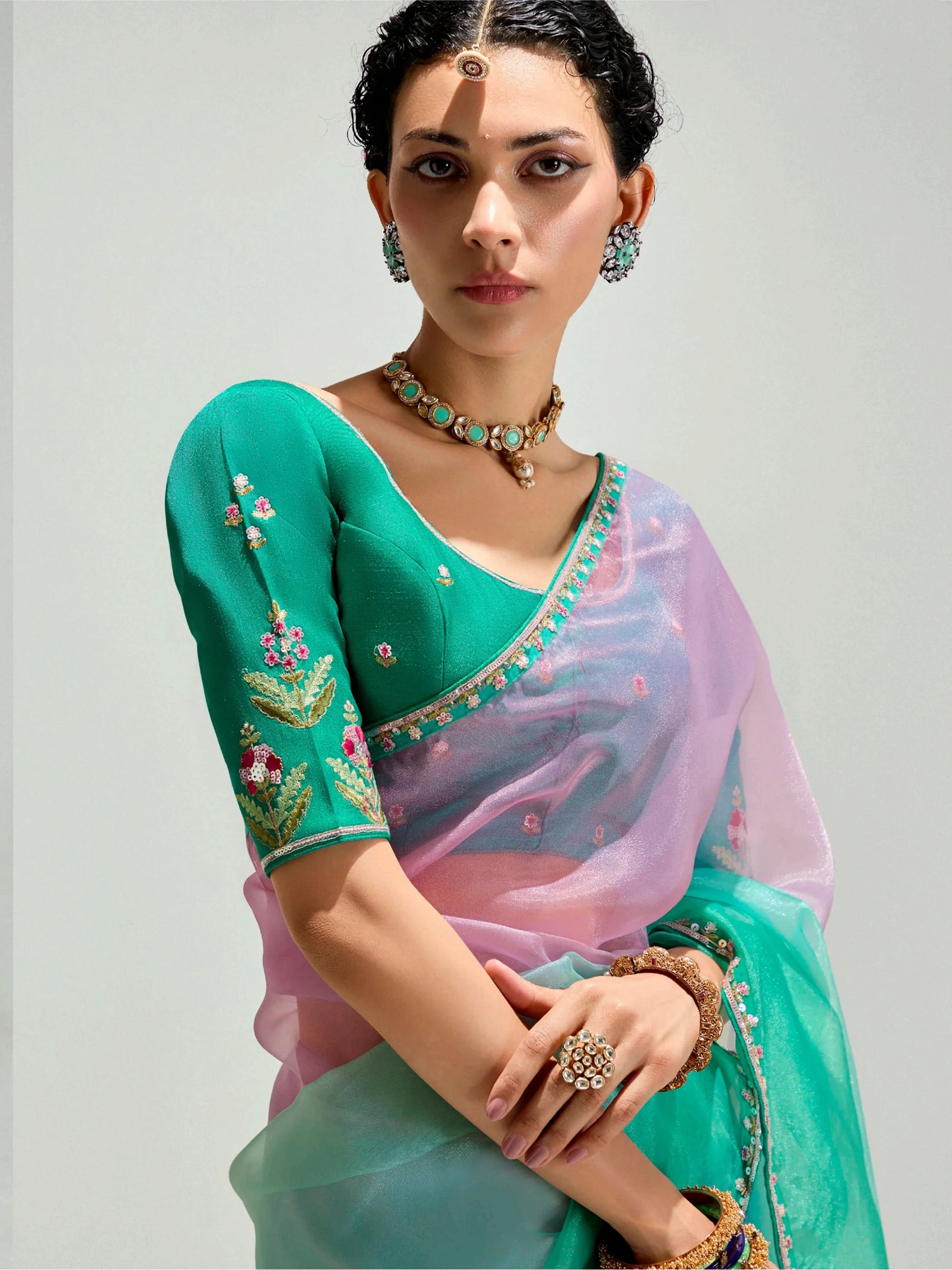 Wonderful Teal Green Border Work Organza Festive Wear Saree With Blouse - Zeel Clothing
